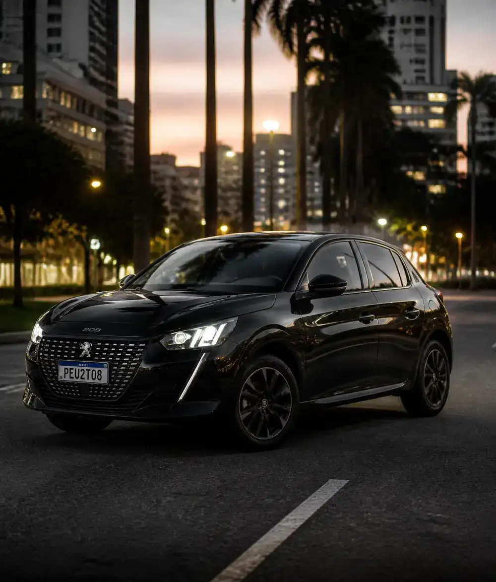 Carro preto moderno em avenida urbana brasileira ao entardecer