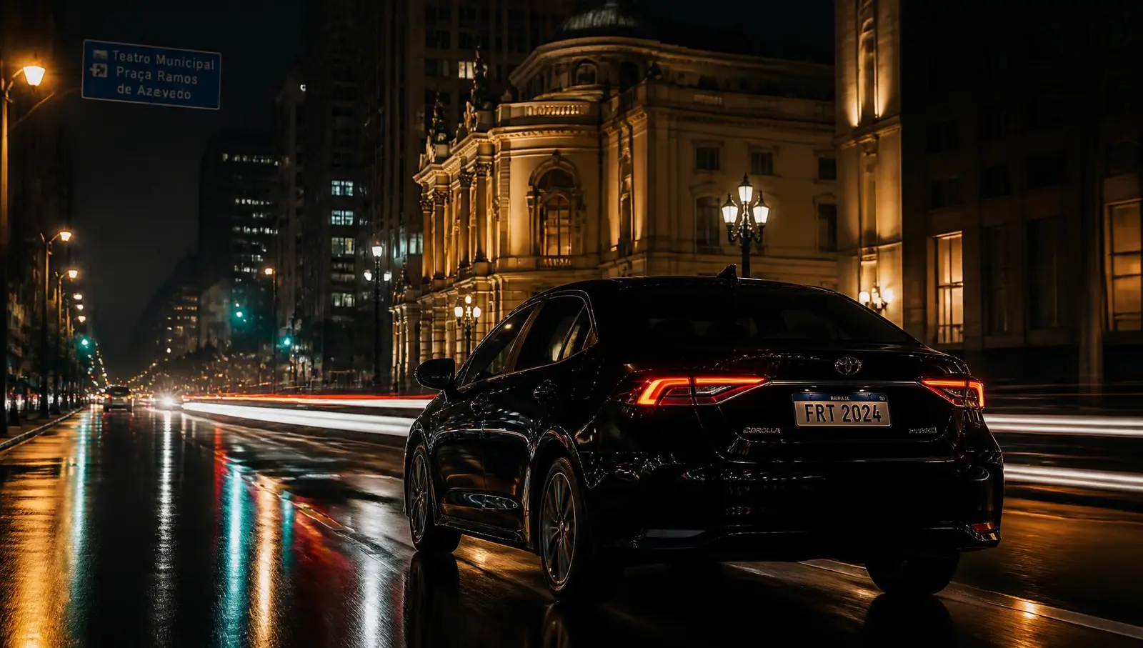 Carro preto em avenida urbana à noite com luzes da cidade
