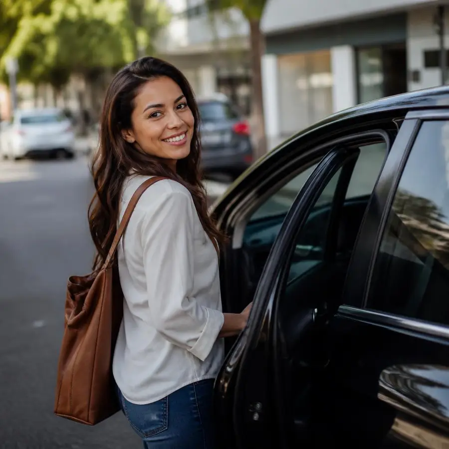 Passageira entrando em um carro preto em rua urbana