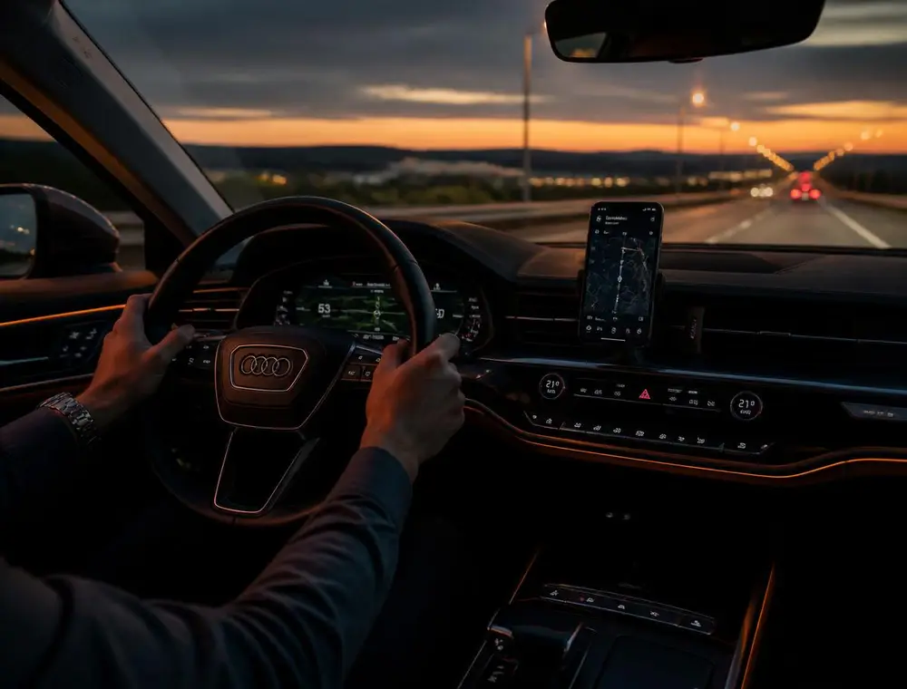 Interior de carro com motorista dirigindo e navegação no smartphone